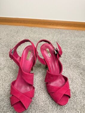 SCHUTZ Fuchsia Suede Crisscross Slingback Heels